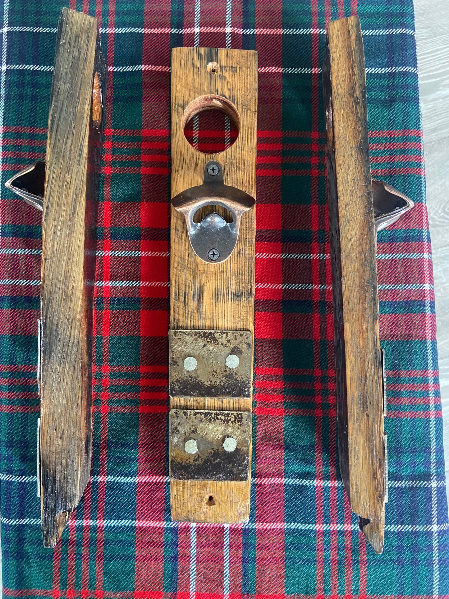 wall mounted bottle opener handmade from oak whisky barrel