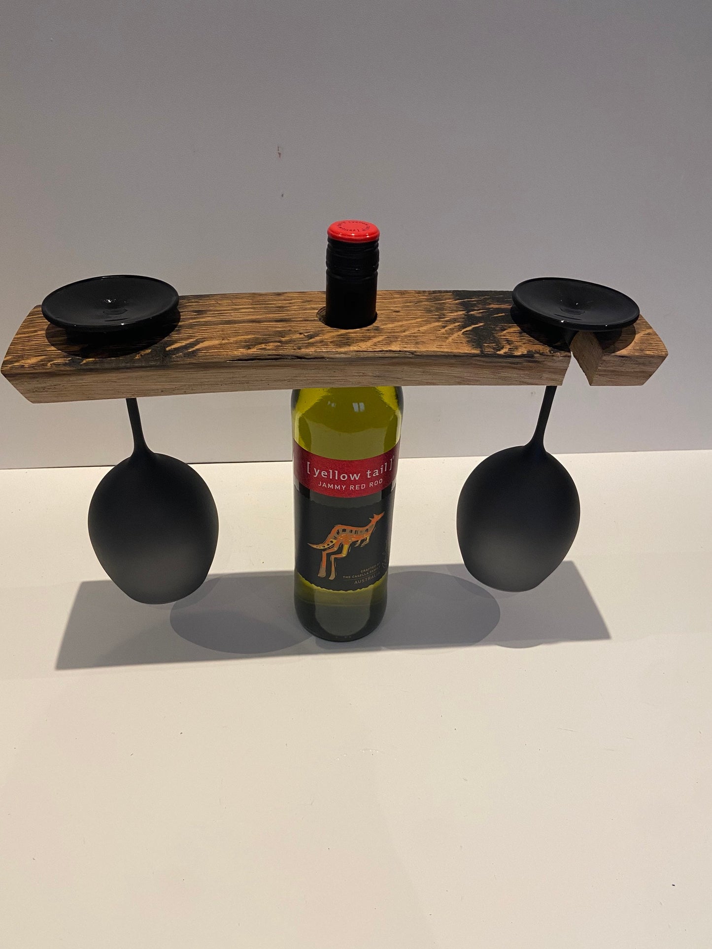Whisky stave wine bottle and glasses holder.