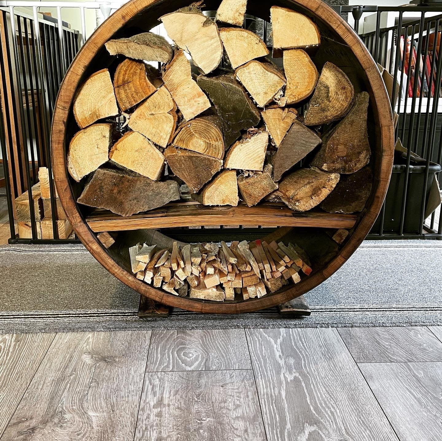 Whisky barrel Log and kindling store / fire companion