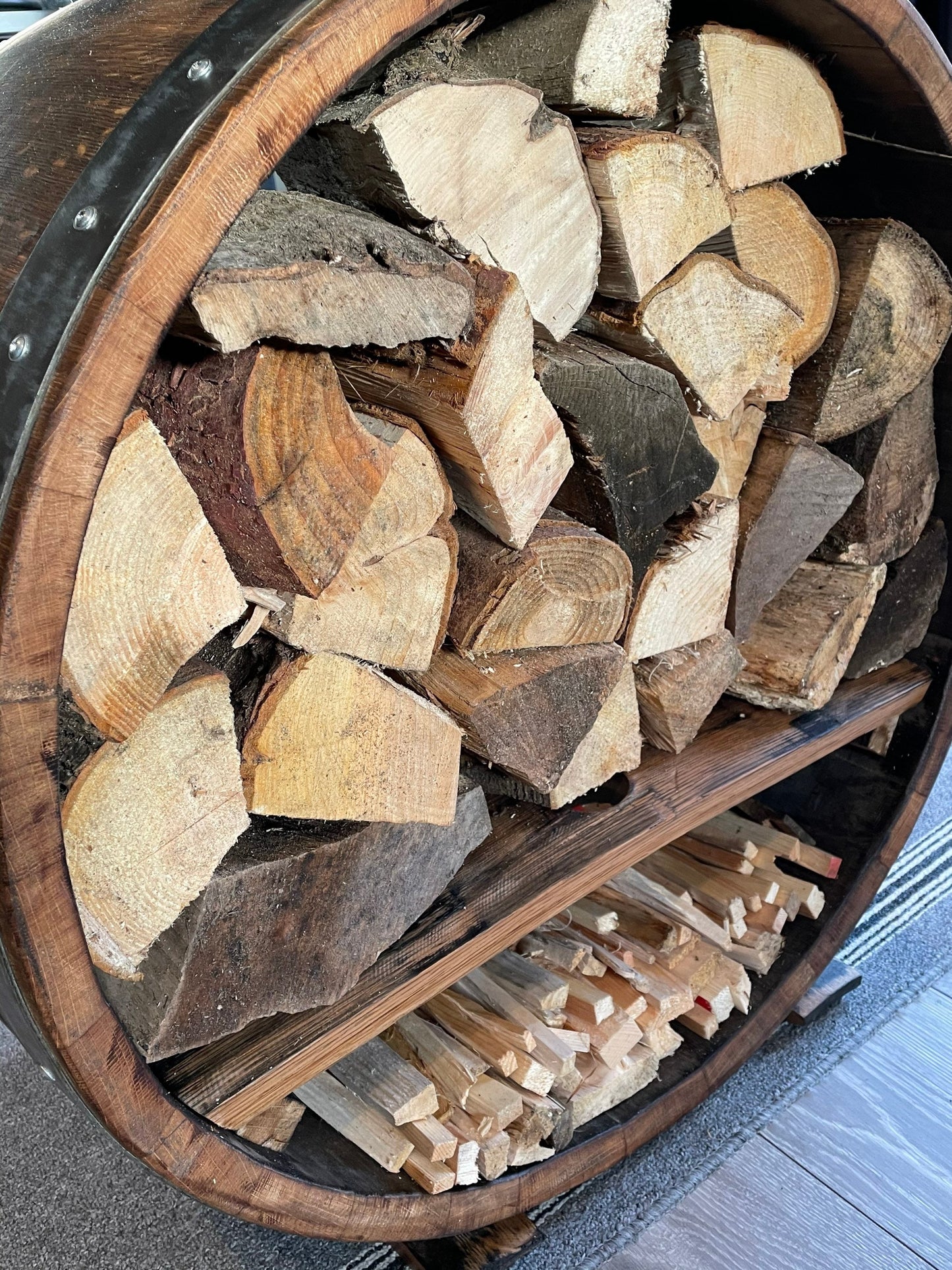 Whisky barrel Log and kindling store / fire companion