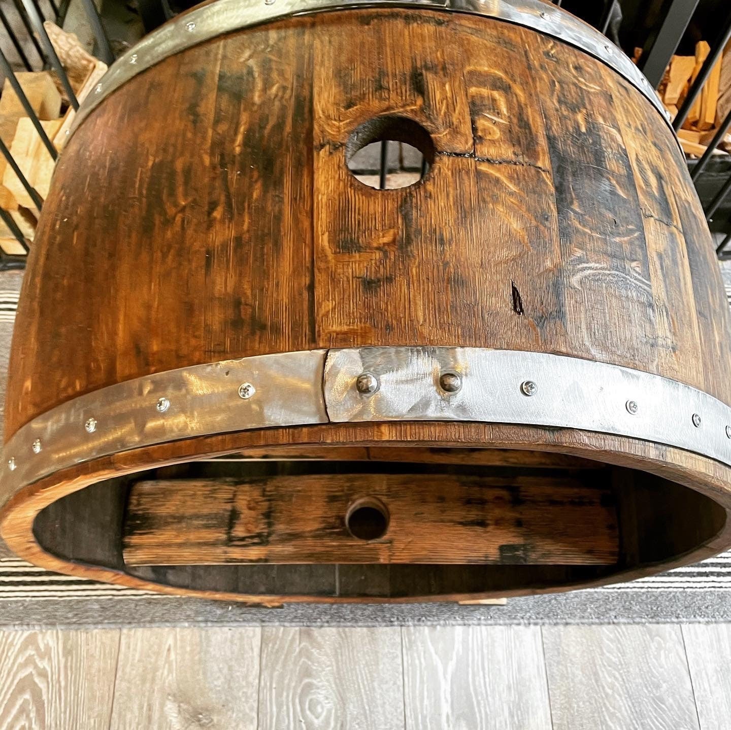 Whisky barrel Log and kindling store / fire companion