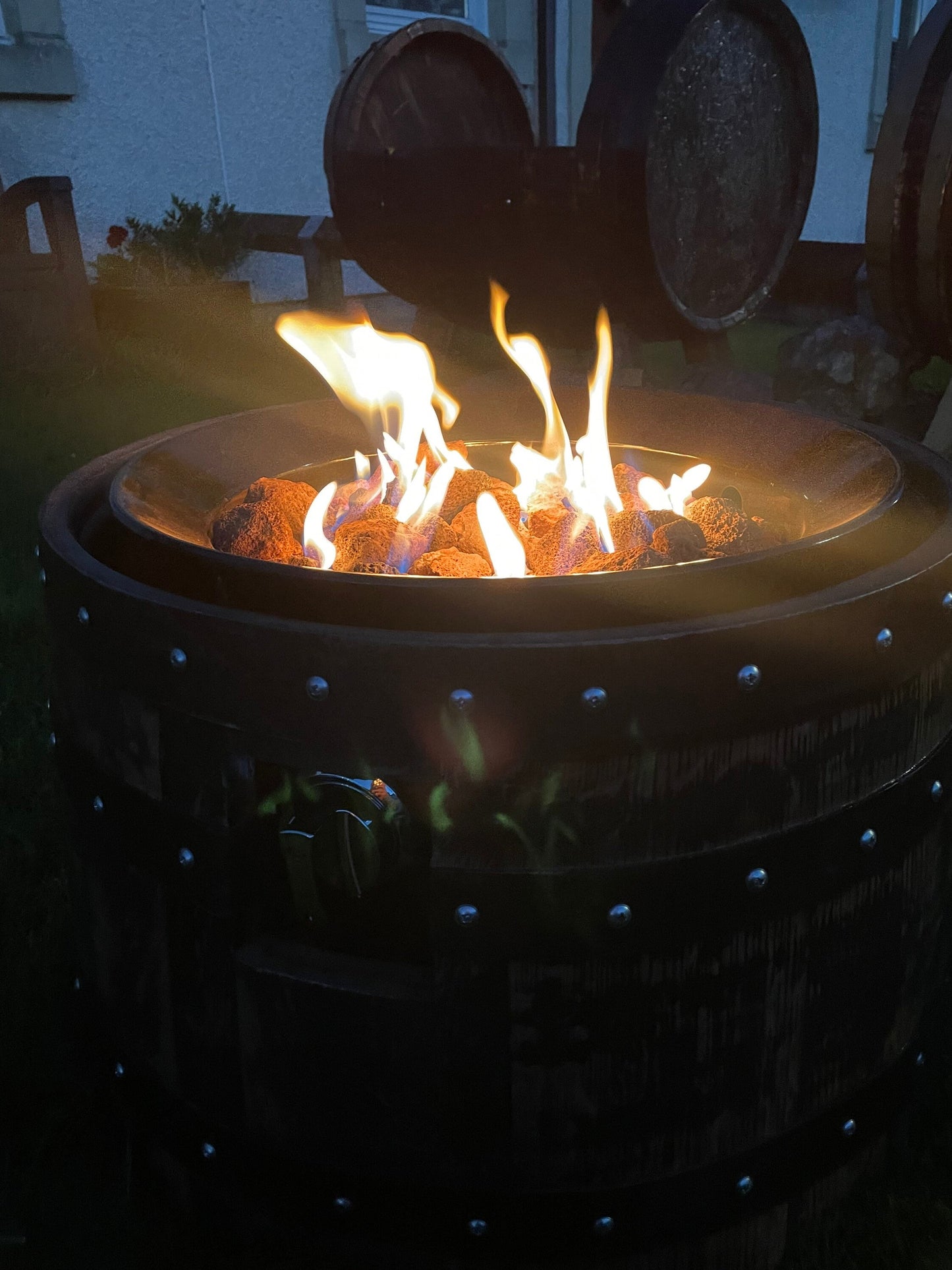Whisky Barrel Gas Fire Pit. Outdoor fire . Garden fire . Barrel fire pit .