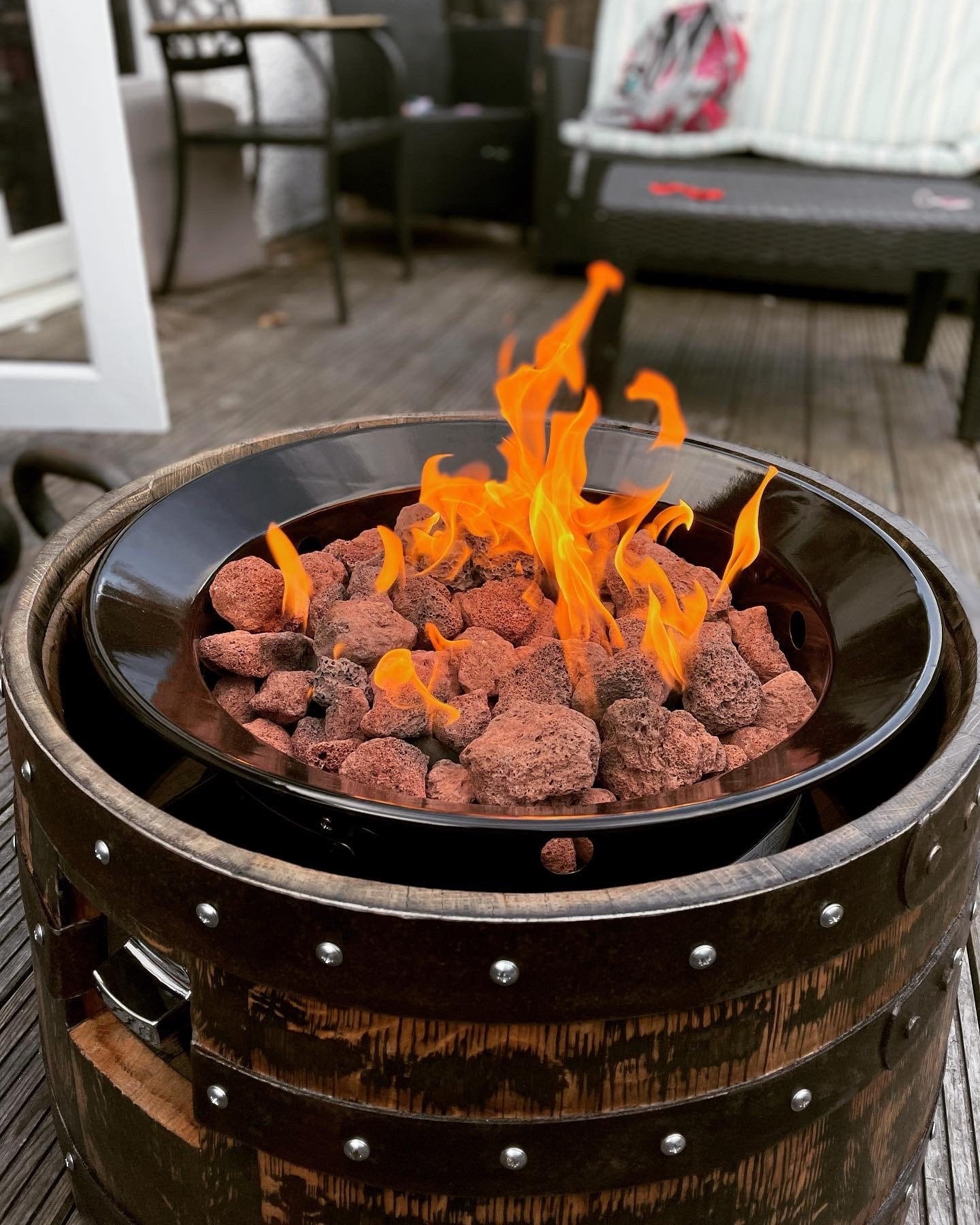 Whisky Barrel Gas Fire Pit. Outdoor fire . Garden fire . Barrel fire pit .