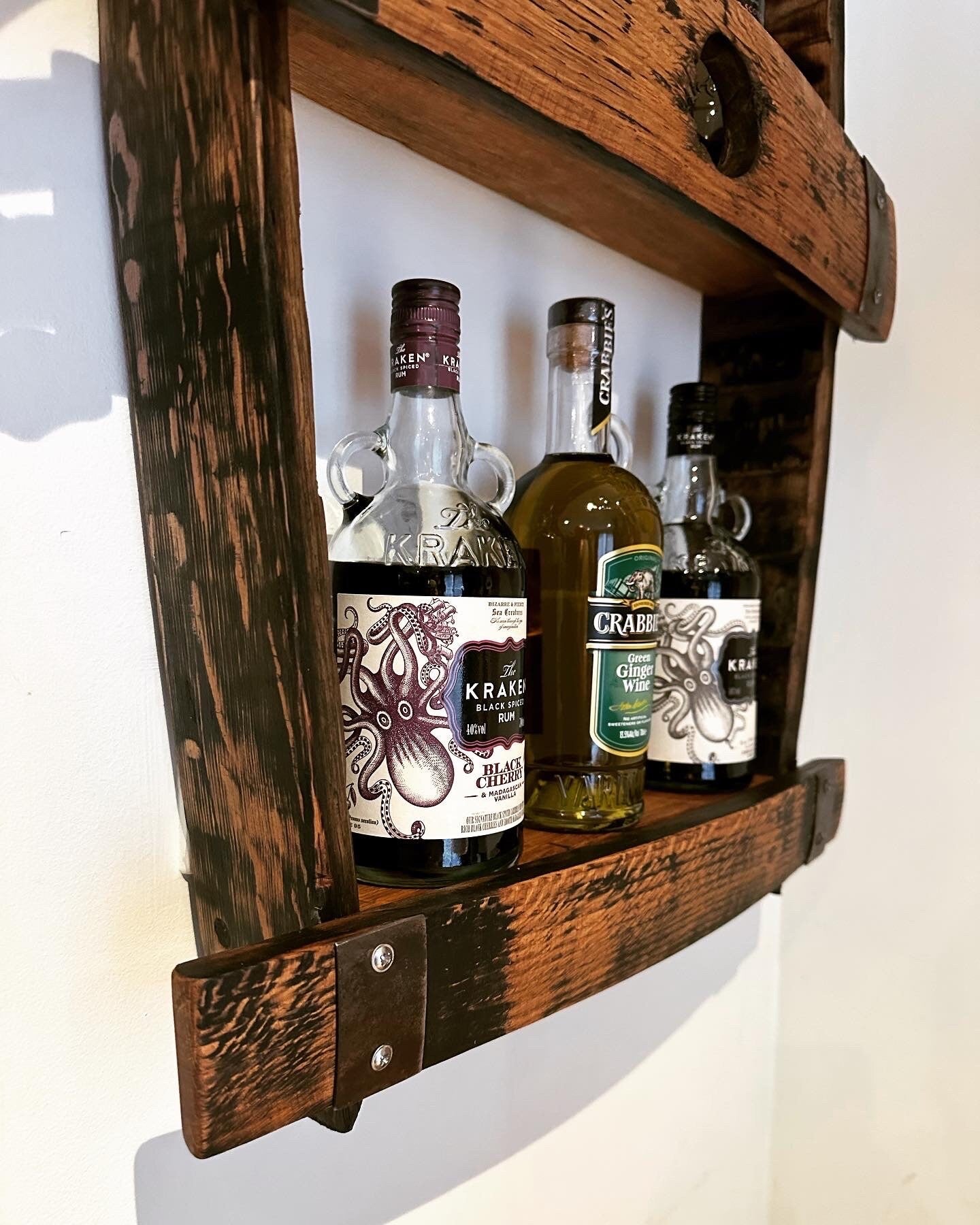 Whisky barrel stave shelf display unit