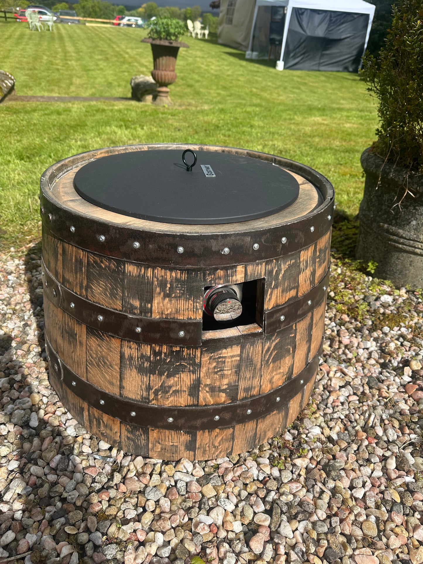 Handmade Whisky Barrel Gas Fire Pit with Cast Iron Grill | Luxury Garden Fire Pit | Reclaimed Oak Barrel BBQ | Unique Outdoor Heater