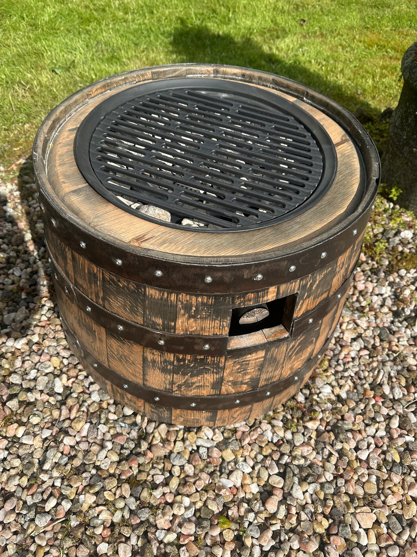 Handmade Whisky Barrel Gas Fire Pit with Cast Iron Grill | Luxury Garden Fire Pit | Reclaimed Oak Barrel BBQ | Unique Outdoor Heater