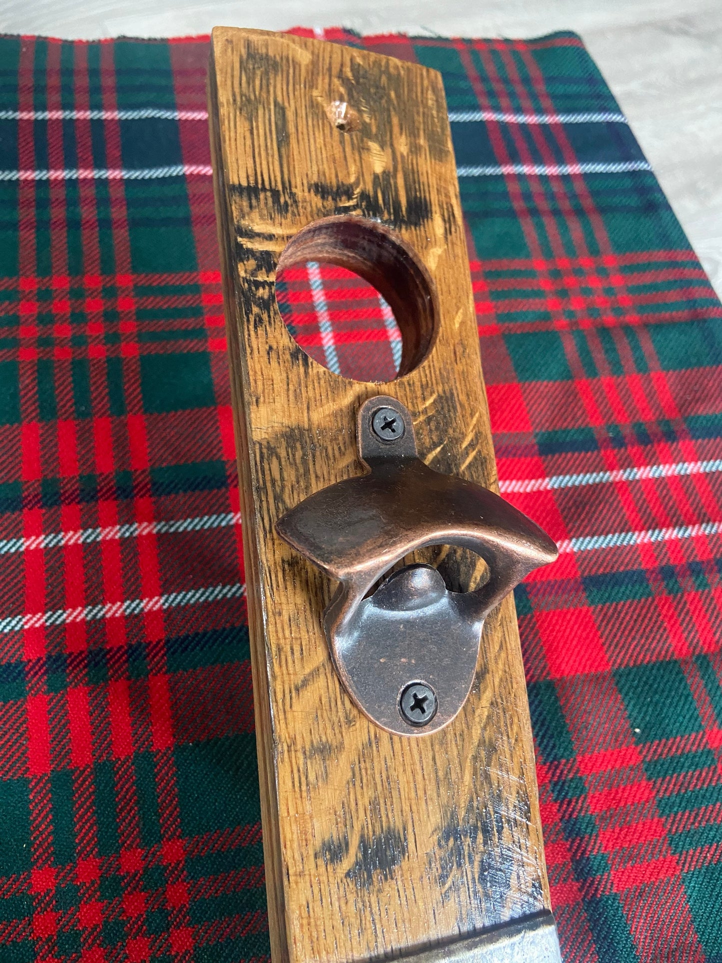 wall mounted bottle opener handmade from oak whisky barrel