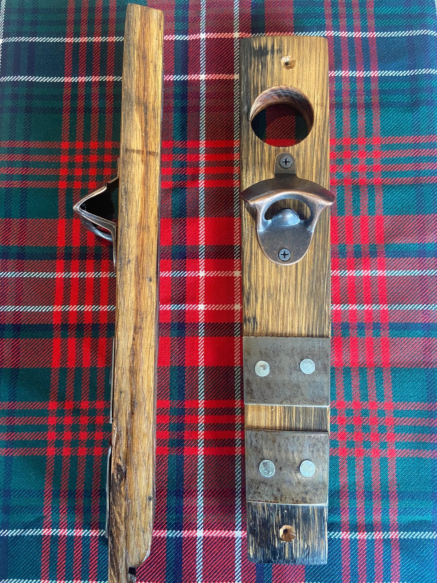 wall mounted bottle opener handmade from oak whisky barrel