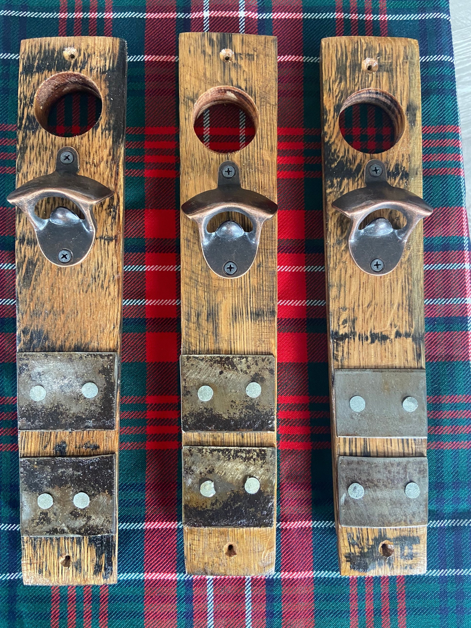 wall mounted bottle opener handmade from oak whisky barrel