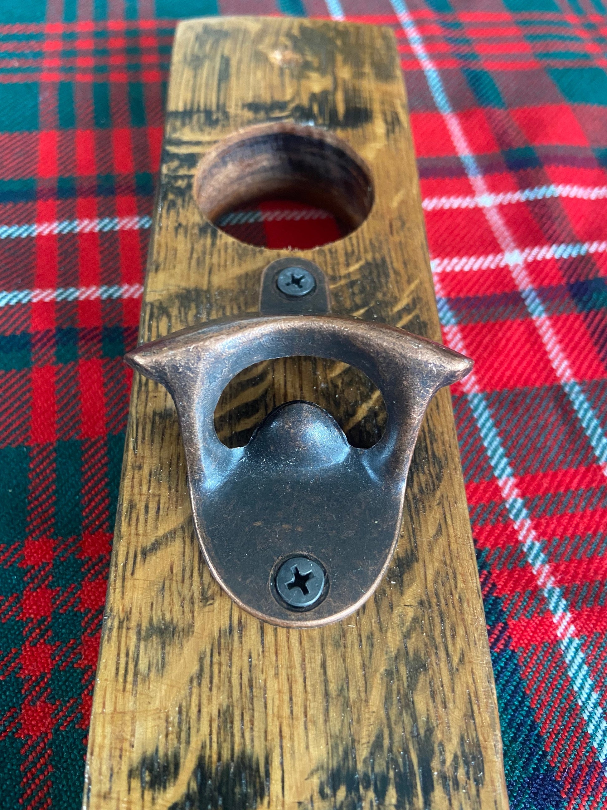 wall mounted bottle opener handmade from oak whisky barrel