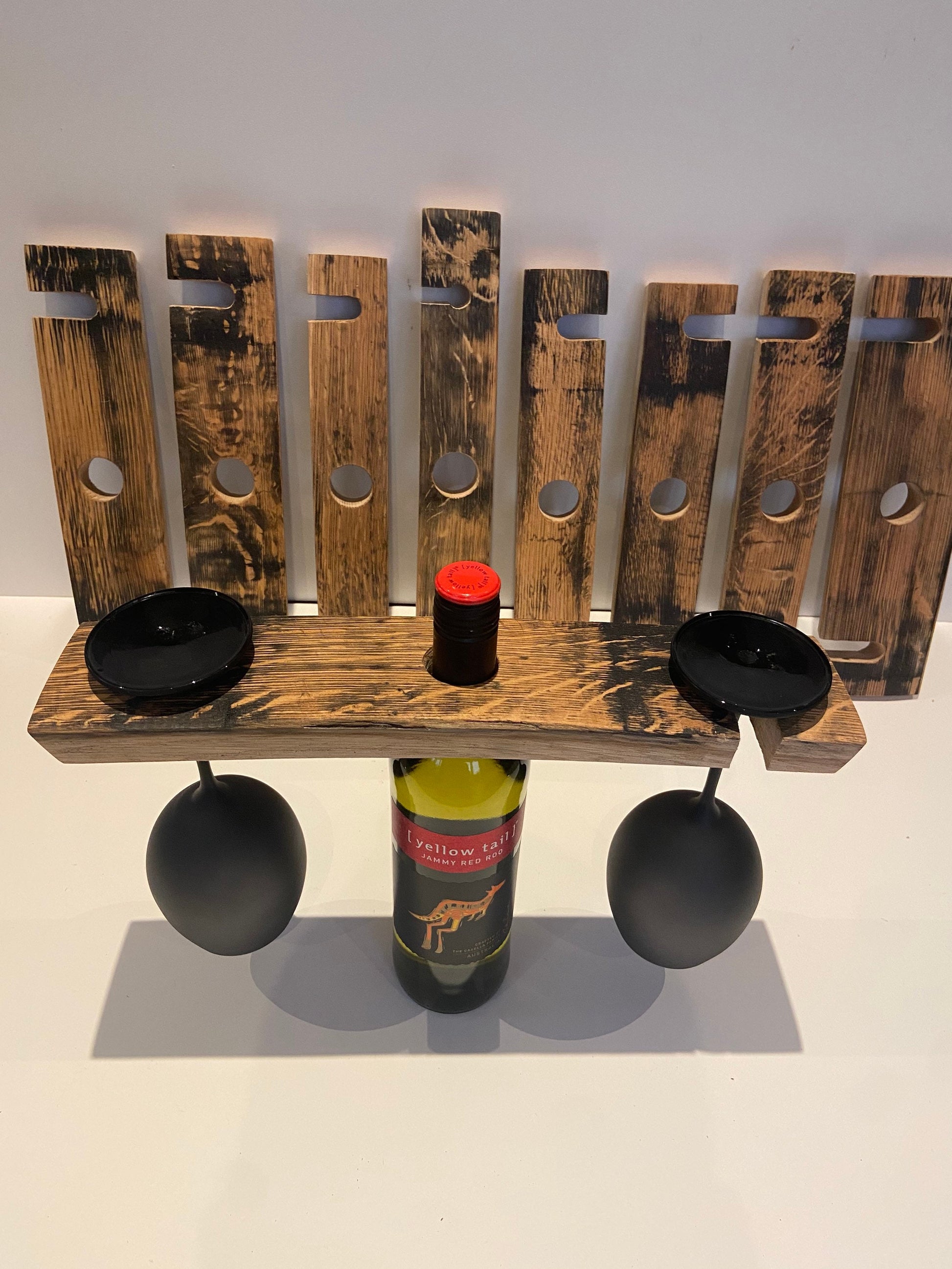 Whisky stave wine bottle and glasses holder.