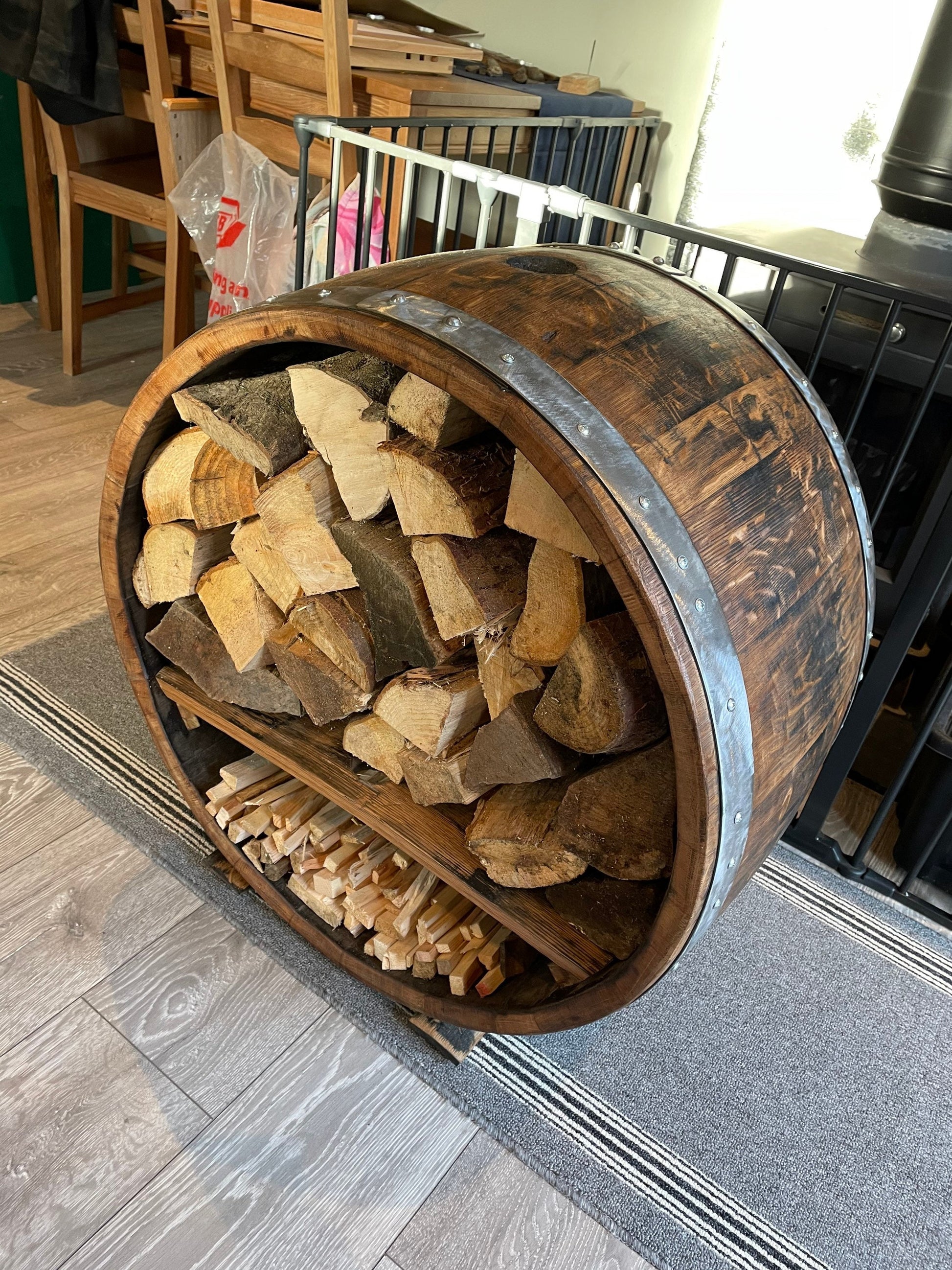 Whisky barrel Log and kindling store / fire companion