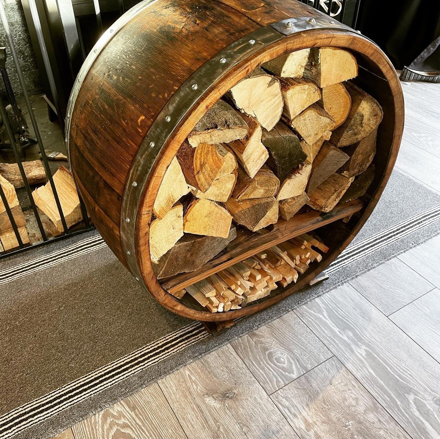 Whisky barrel Log and kindling store / fire companion