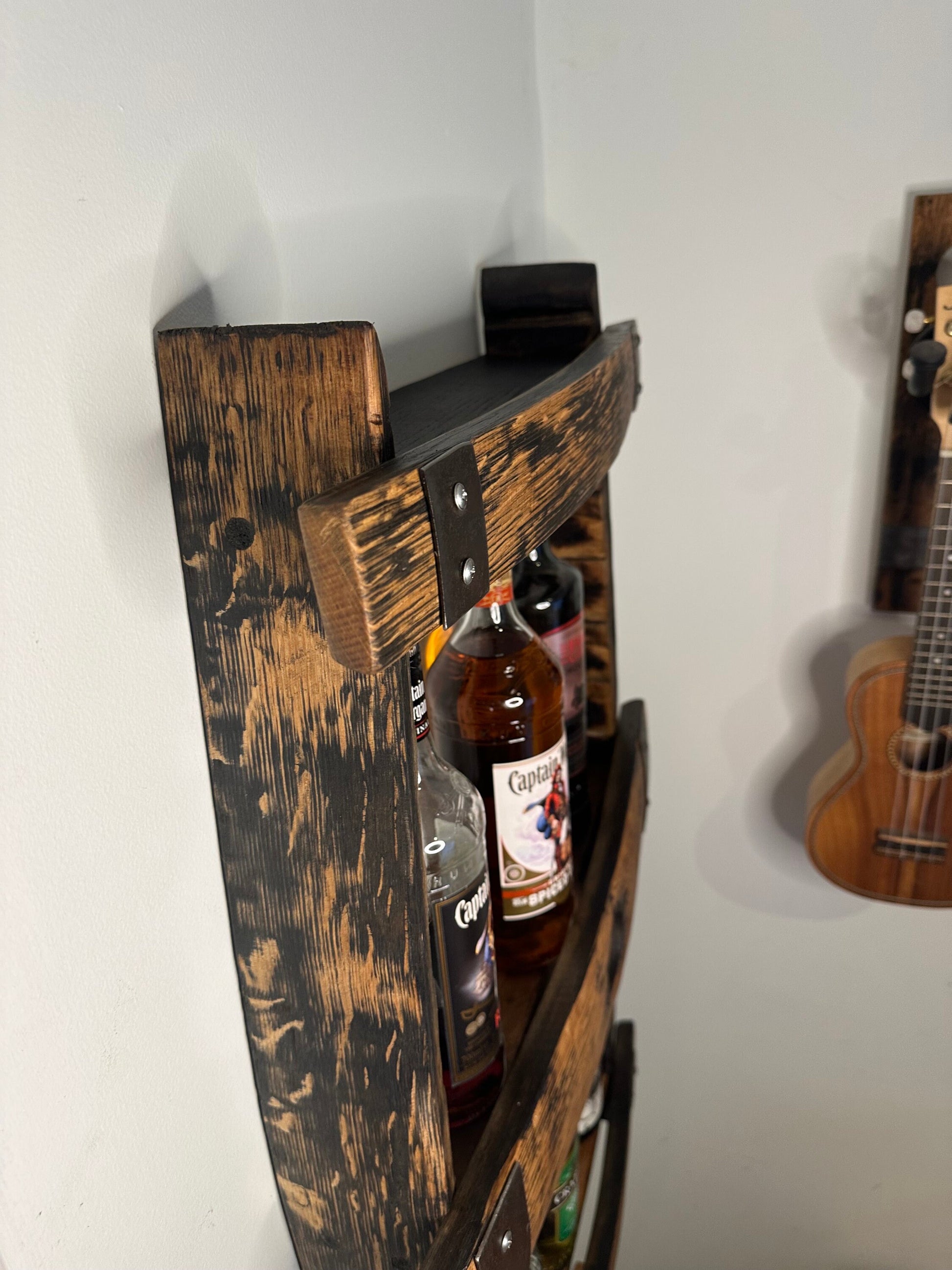 Whisky barrel stave shelf display unit