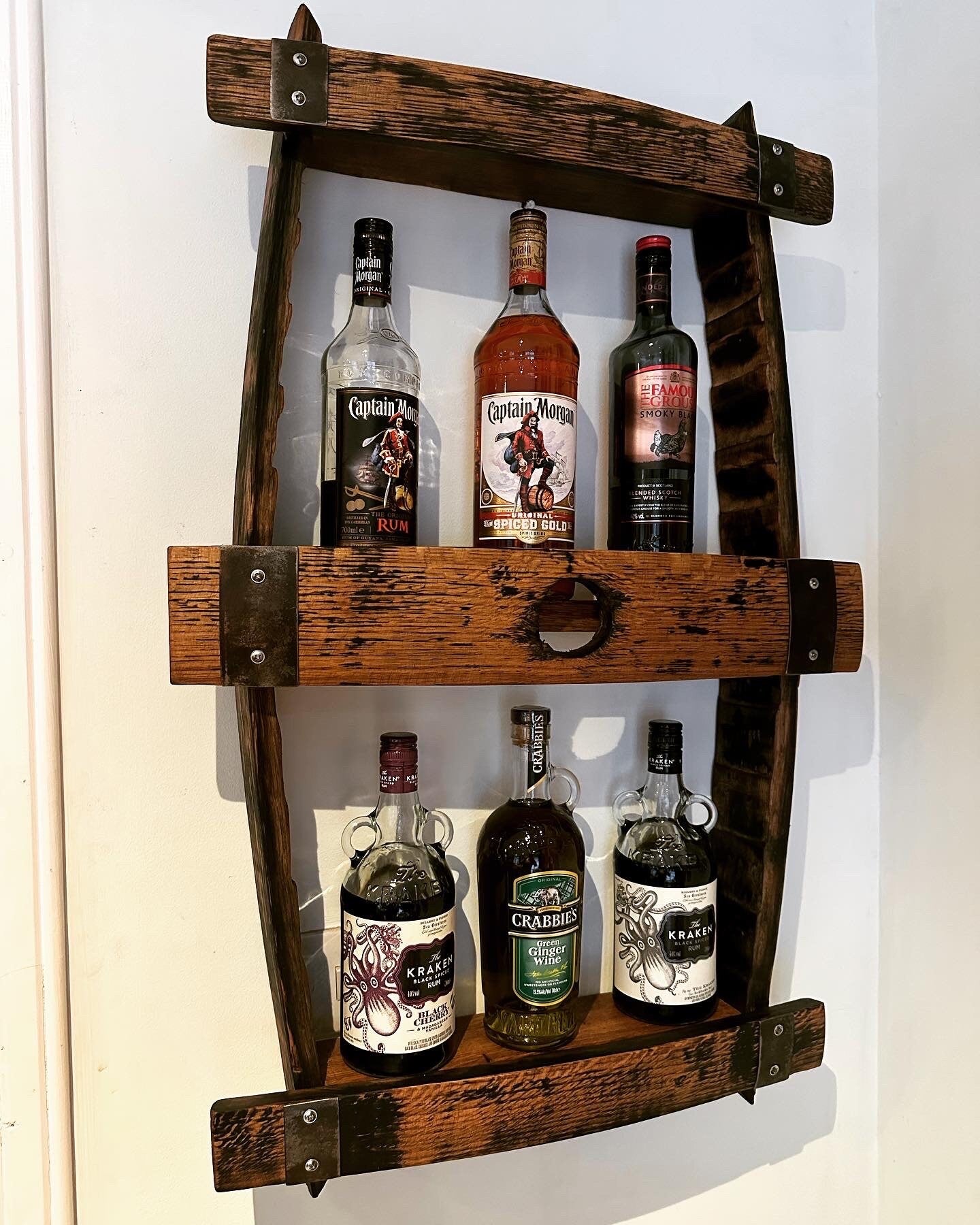 Whisky barrel stave shelf display unit