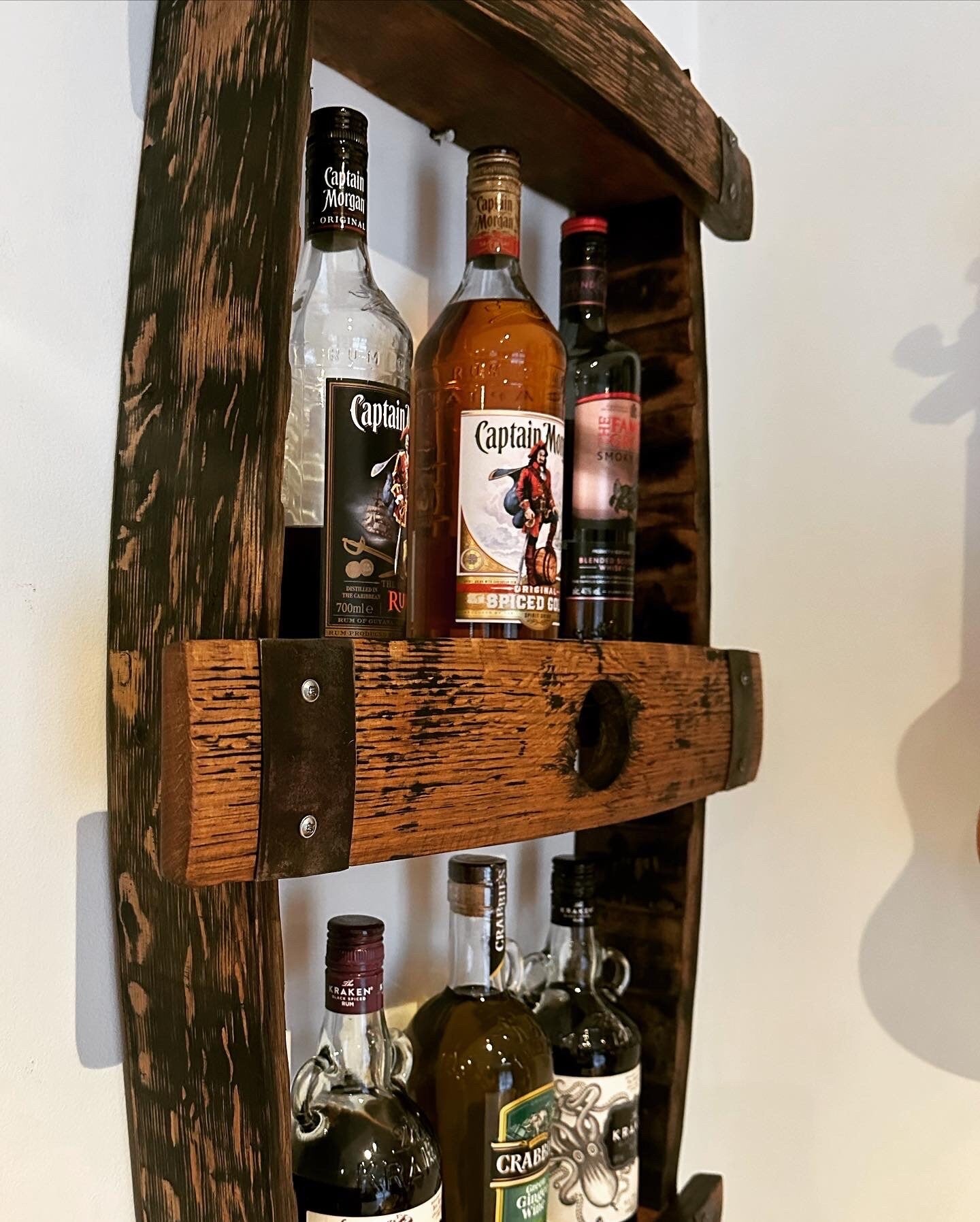 Whisky barrel stave shelf display unit