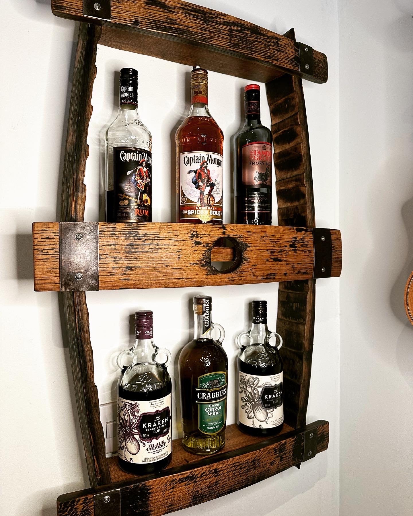 Whisky barrel stave shelf display unit