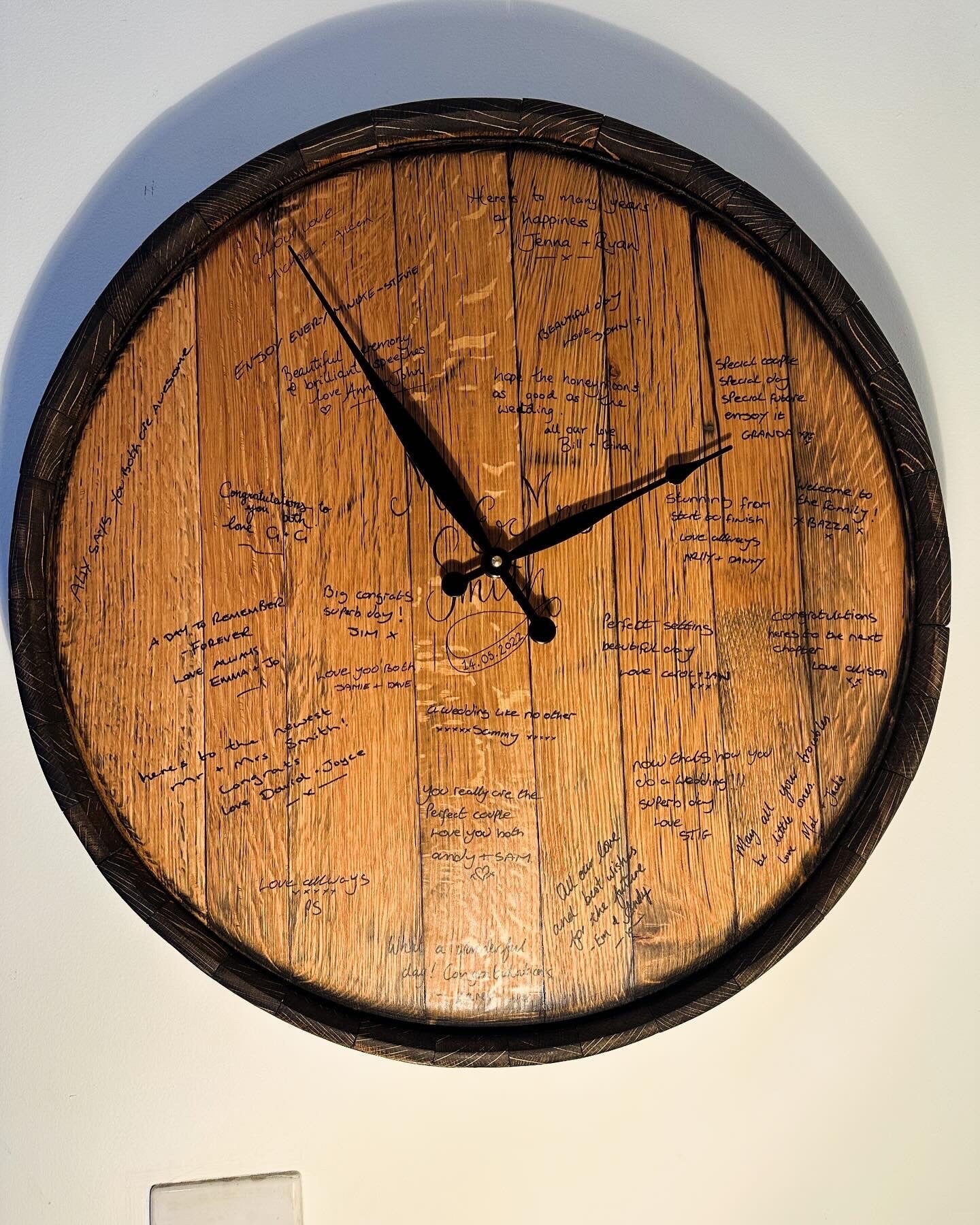 whisky barrel top wedding guest book clock alternative.