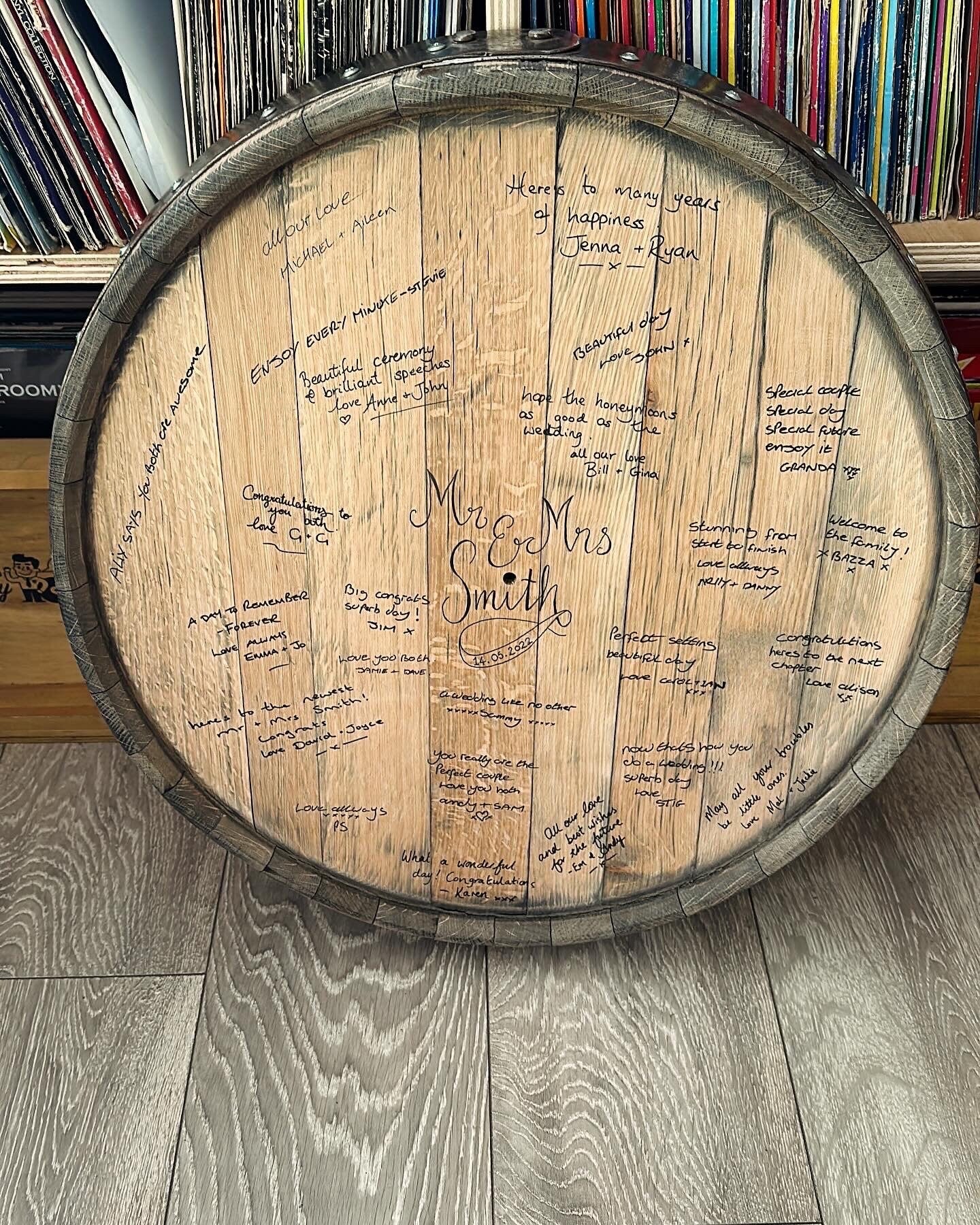 whisky barrel top wedding guest book clock alternative.