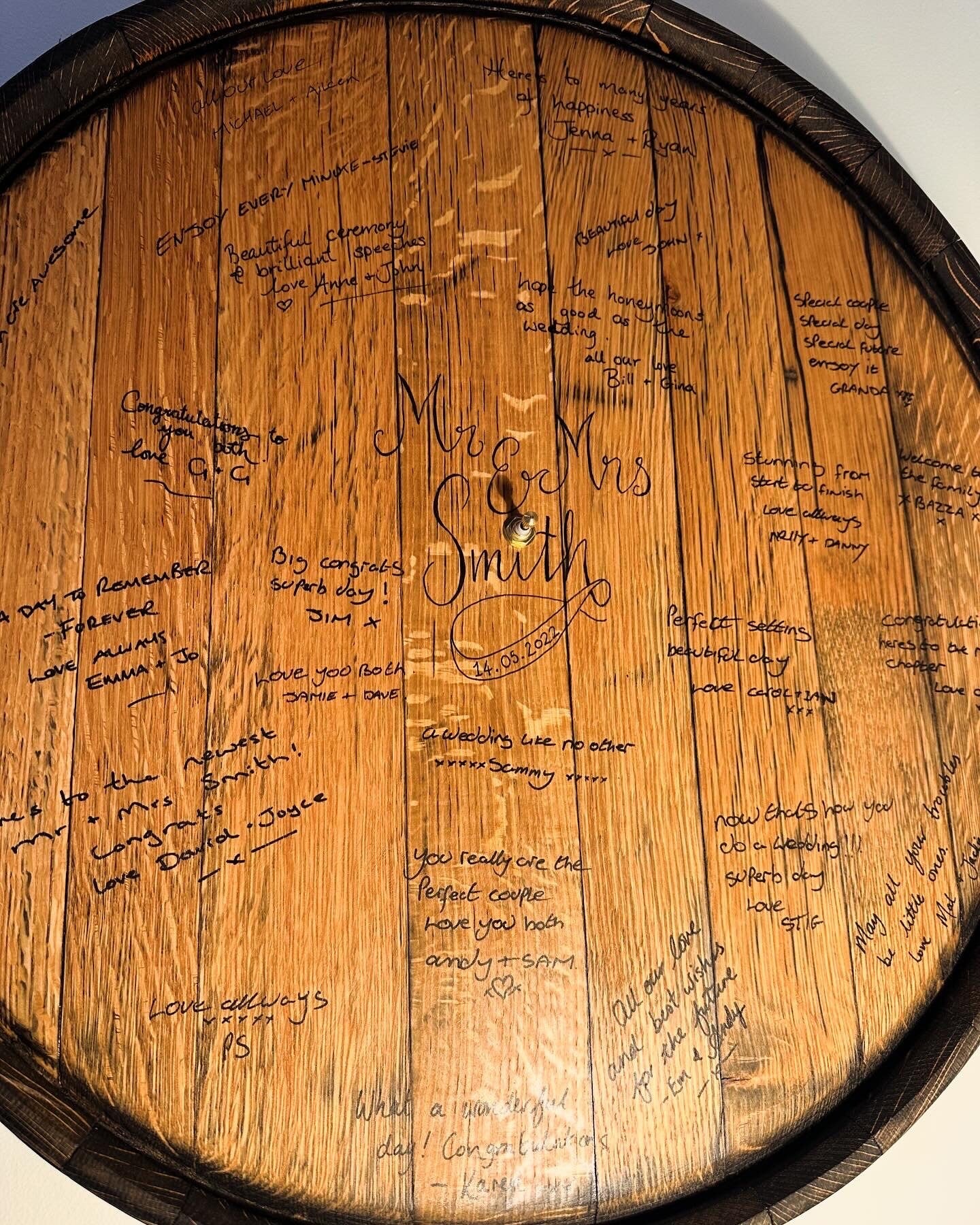 whisky barrel top wedding guest book clock alternative.