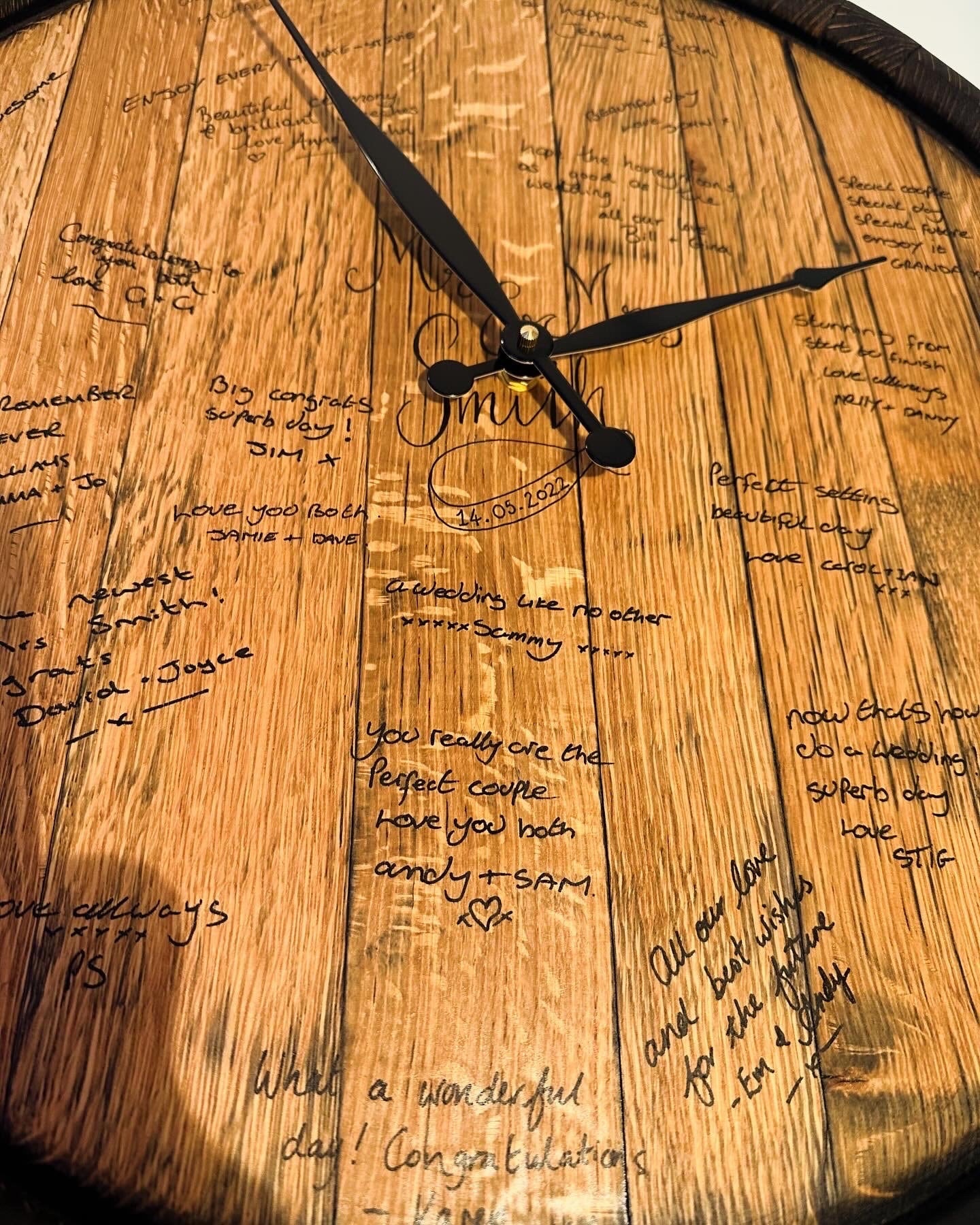 whisky barrel top wedding guest book clock alternative.