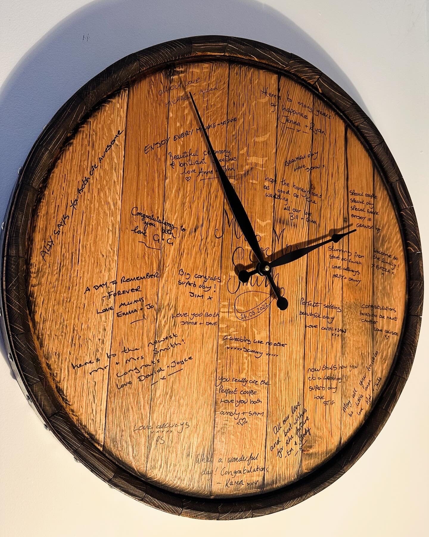 whisky barrel top wedding guest book clock alternative.